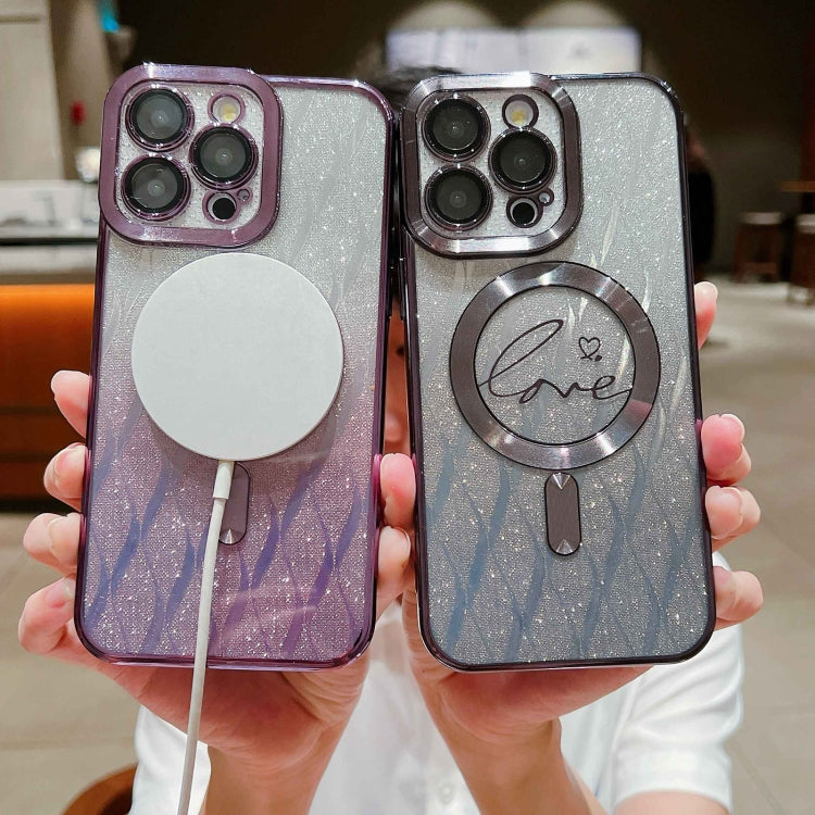 For iPhone 14 Plus Dual-Love Leaves Gradient Glitter Magsafe TPU Phone Case