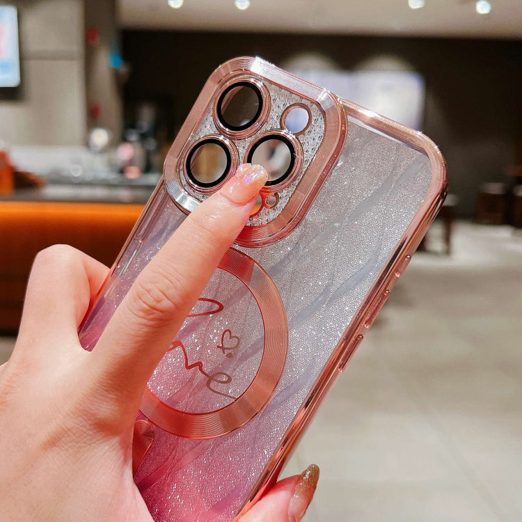 For iPhone 15 Dual-Love Leaves Gradient Glitter Magsafe TPU Phone Case
