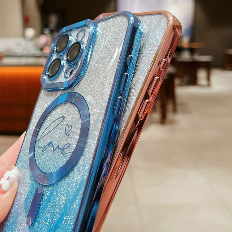 For iPhone 14 Plus Dual-Love Leaves Gradient Glitter Magsafe TPU Phone Case
