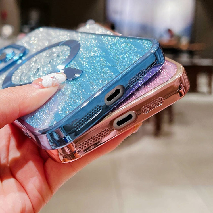 For iPhone 15 Dual-Love Leaves Gradient Glitter Magsafe TPU Phone Case