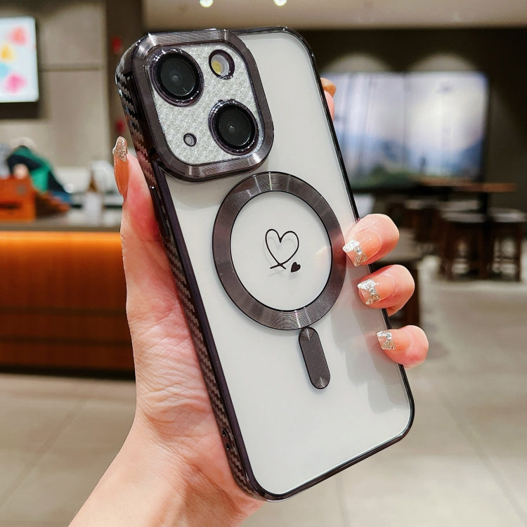 For iPhone 15 Plus Loves Carbon Fiber Clear Plated Magsafe TPU Phone Case