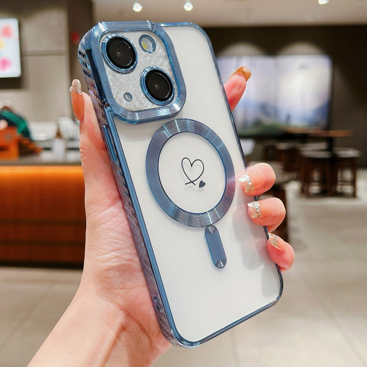For iPhone 15 Plus Loves Carbon Fiber Clear Plated Magsafe TPU Phone Case
