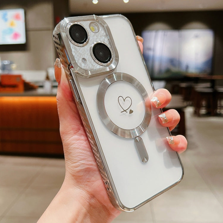 For iPhone 15 Plus Loves Carbon Fiber Clear Plated Magsafe TPU Phone Case