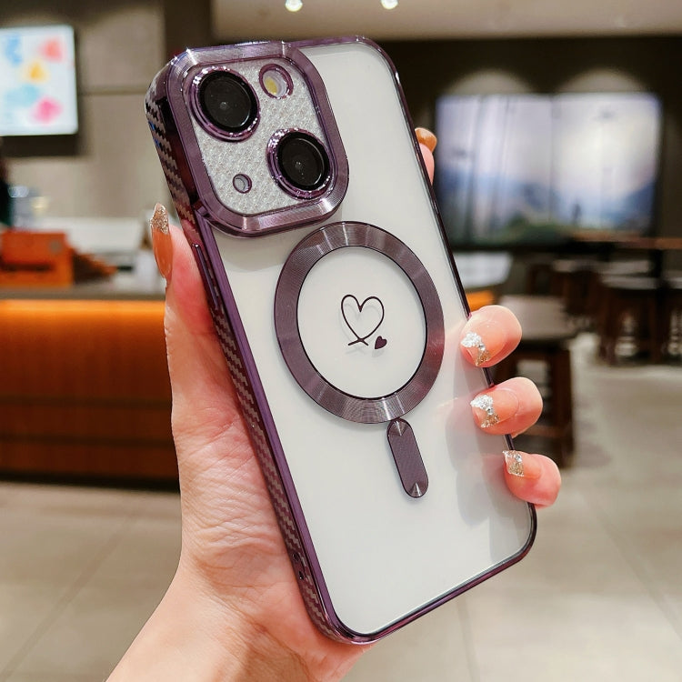 For iPhone 15 Plus Loves Carbon Fiber Clear Plated Magsafe TPU Phone Case