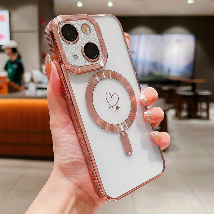 For iPhone 14 Plus Loves Carbon Fiber Clear Plated Magsafe TPU Phone Case