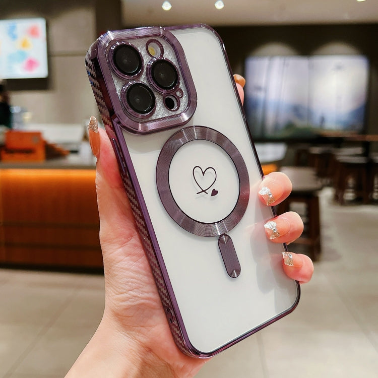 For iPhone 14 Pro Loves Carbon Fiber Clear Plated Magsafe TPU Phone Case