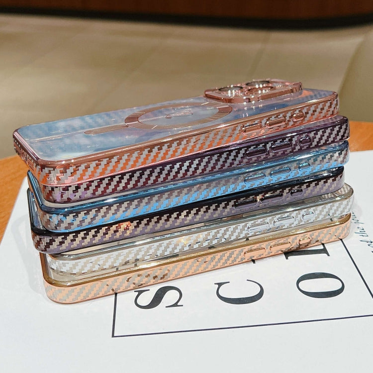 For iPhone 15 Plus Loves Carbon Fiber Clear Plated Magsafe TPU Phone Case