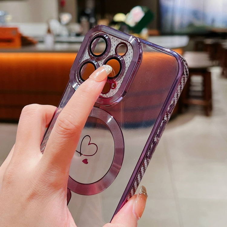 For iPhone 15 Plus Loves Carbon Fiber Clear Plated Magsafe TPU Phone Case