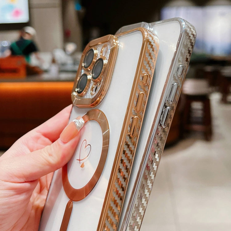 For iPhone 15 Plus Loves Carbon Fiber Clear Plated Magsafe TPU Phone Case
