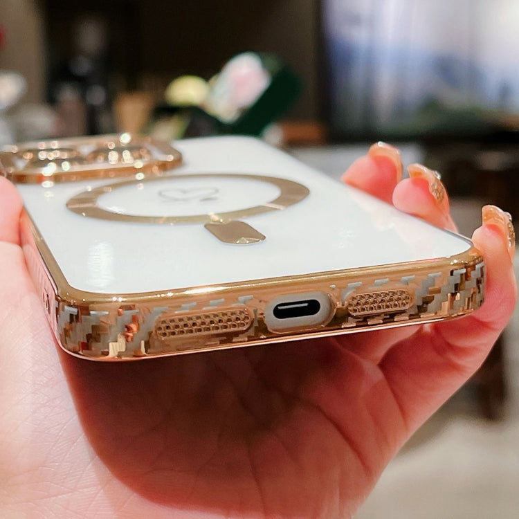 For iPhone 15 Plus Loves Carbon Fiber Clear Plated Magsafe TPU Phone Case