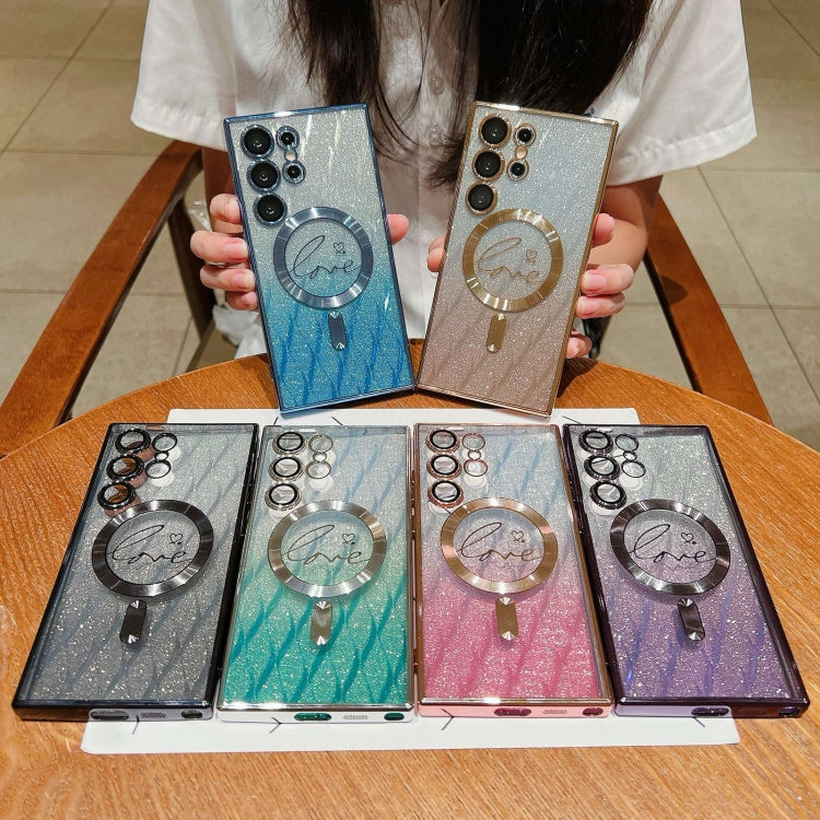 For Samsung Galaxy S23 Ultra 5G Dual-Love Leaves Gradient Glitter MagSafe TPU Phone Case