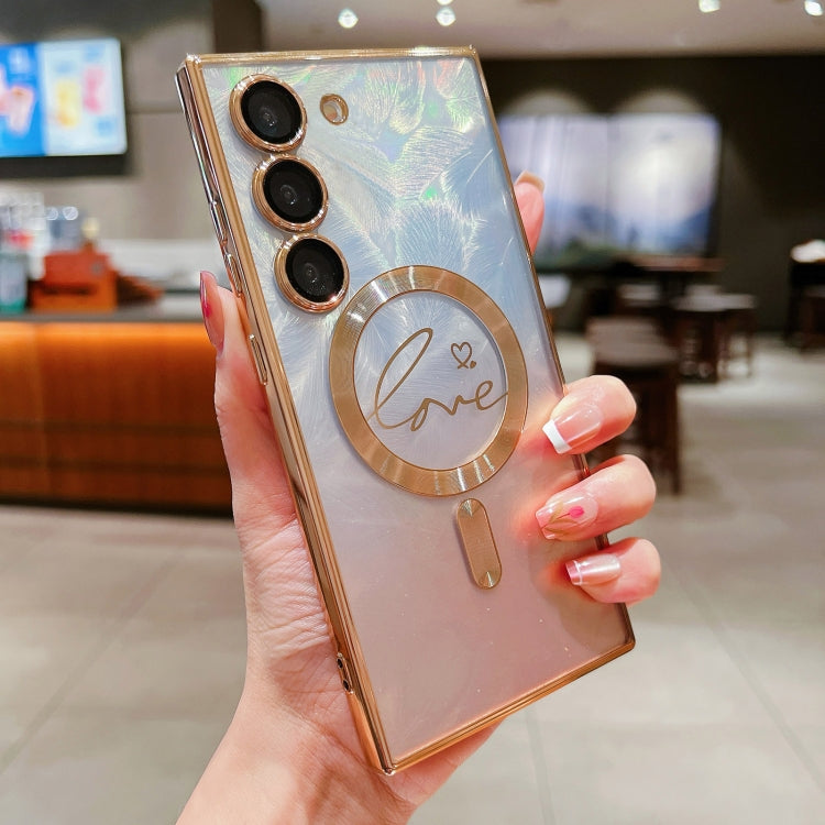 For Samsung Galaxy S23+ 5G Dual-Love Feather Gradient Glitter MagSafe TPU Phone Case