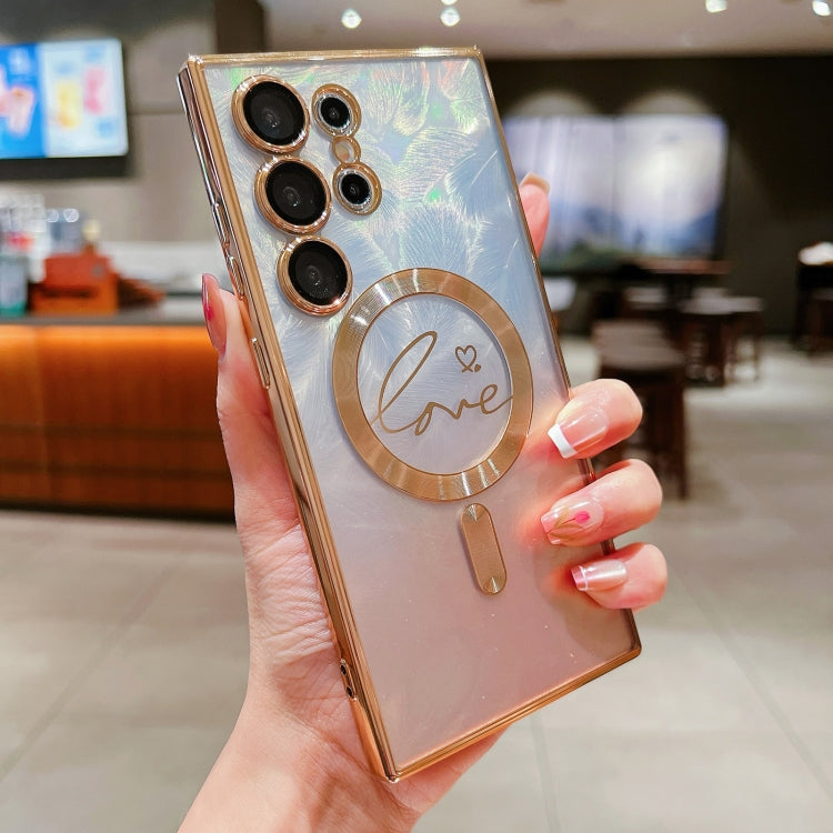 For Samsung Galaxy S22 Ultra 5G Dual-Love Feather Gradient Glitter MagSafe TPU Phone Case