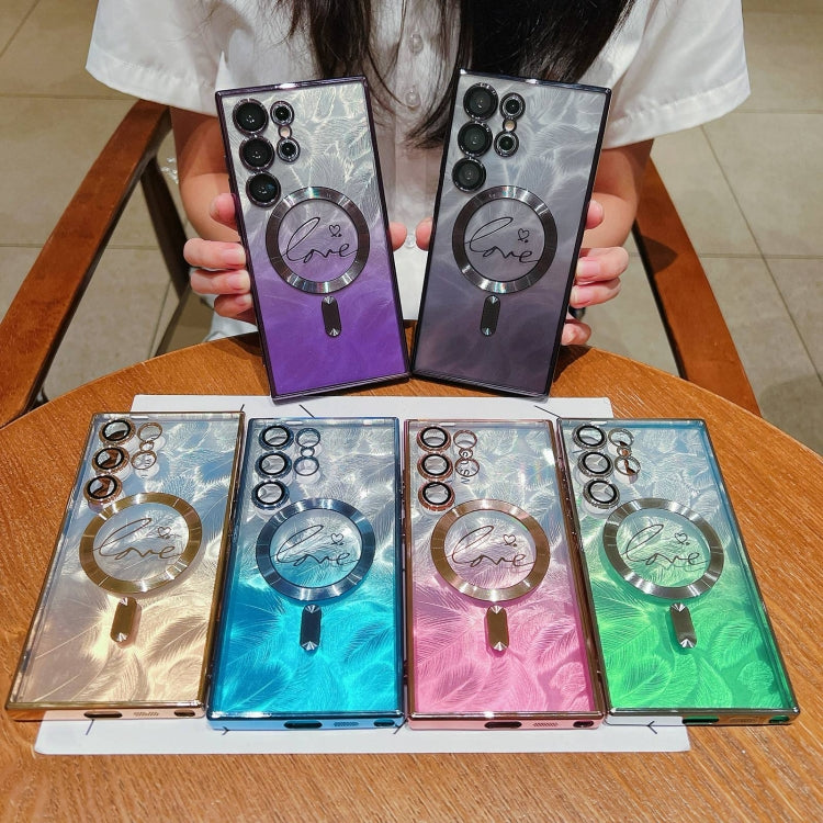 For Samsung Galaxy S23+ 5G Dual-Love Feather Gradient Glitter MagSafe TPU Phone Case