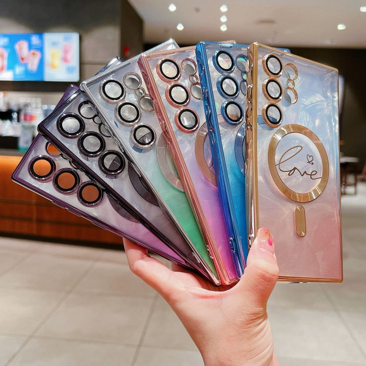 For Samsung Galaxy S22 Ultra 5G Dual-Love Feather Gradient Glitter MagSafe TPU Phone Case