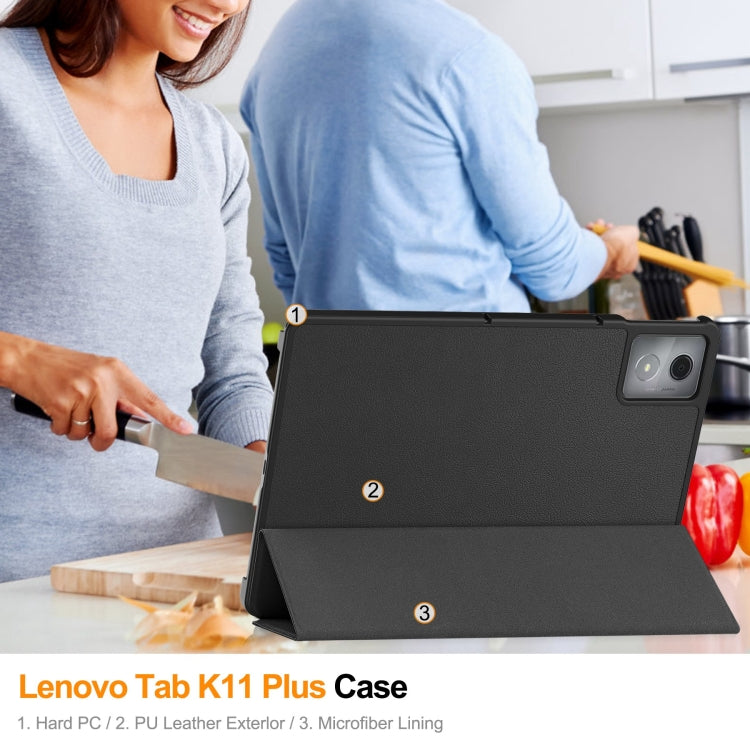 For Lenovo Tab K11 Plus Custer Texture 3-Fold Holder Leather Smart Tablet Case