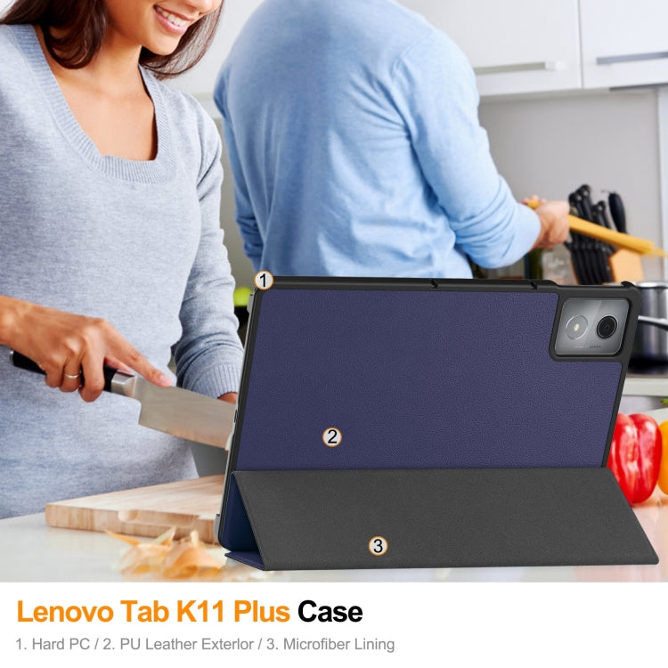 For Lenovo Tab K11 Plus Custer Texture 3-Fold Holder Leather Smart Tablet Case