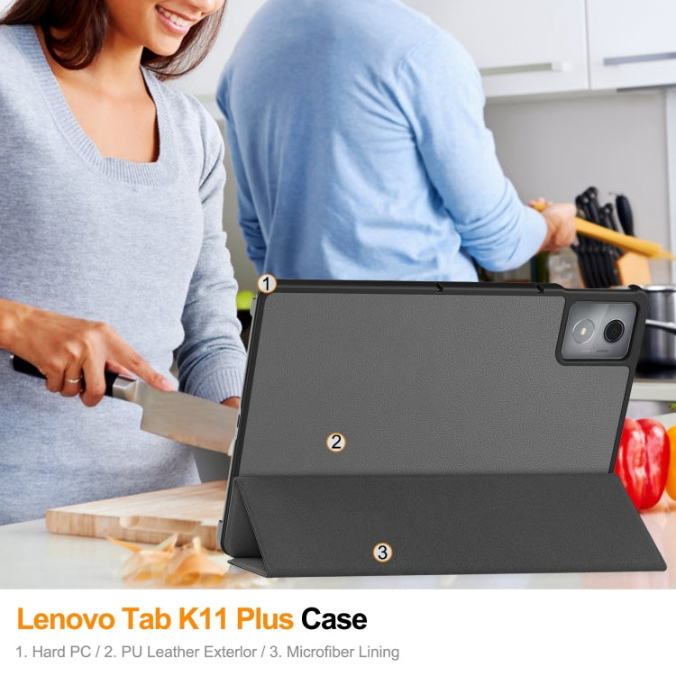 For Lenovo Tab K11 Plus Custer Texture 3-Fold Holder Leather Smart Tablet Case