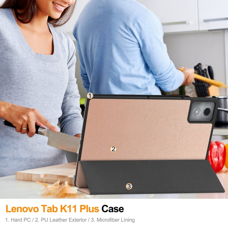 For Lenovo Tab K11 Plus Custer Texture 3-Fold Holder Leather Smart Tablet Case
