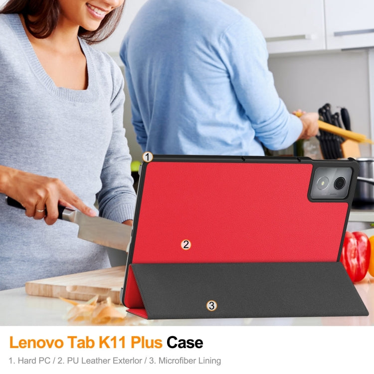 For Lenovo Tab K11 Plus Custer Texture 3-Fold Holder Leather Smart Tablet Case