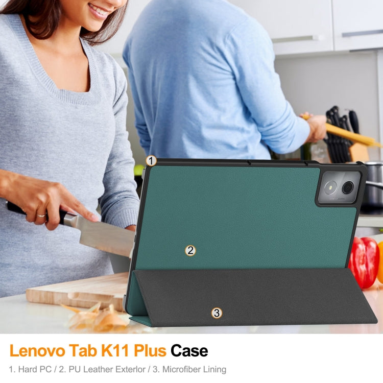 For Lenovo Tab K11 Plus Custer Texture 3-Fold Holder Leather Smart Tablet Case