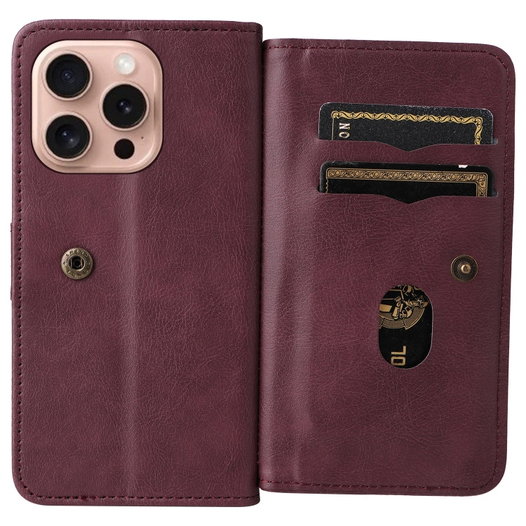 For iPhone 16 Pro Multi-Function Wallet 10 Card Slots Leather Phone Case