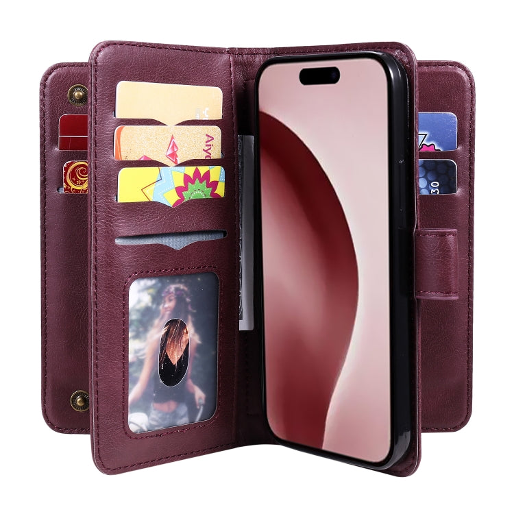 For iPhone 16 Pro Multi-Function Wallet 10 Card Slots Leather Phone Case