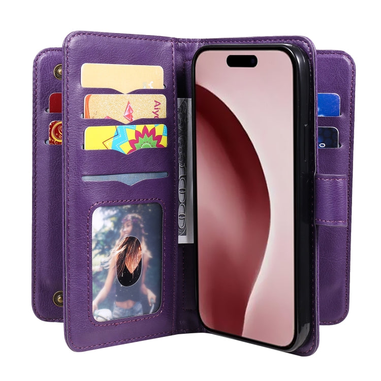 For iPhone 16 Pro Multi-Function Wallet 10 Card Slots Leather Phone Case