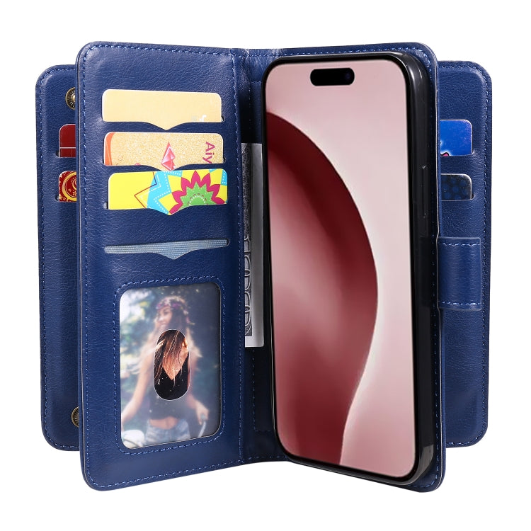 For iPhone 16 Pro Multi-Function Wallet 10 Card Slots Leather Phone Case
