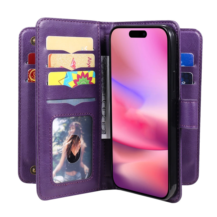For iPhone 16 Multi-Function Wallet 10 Card Slots Leather Phone Case