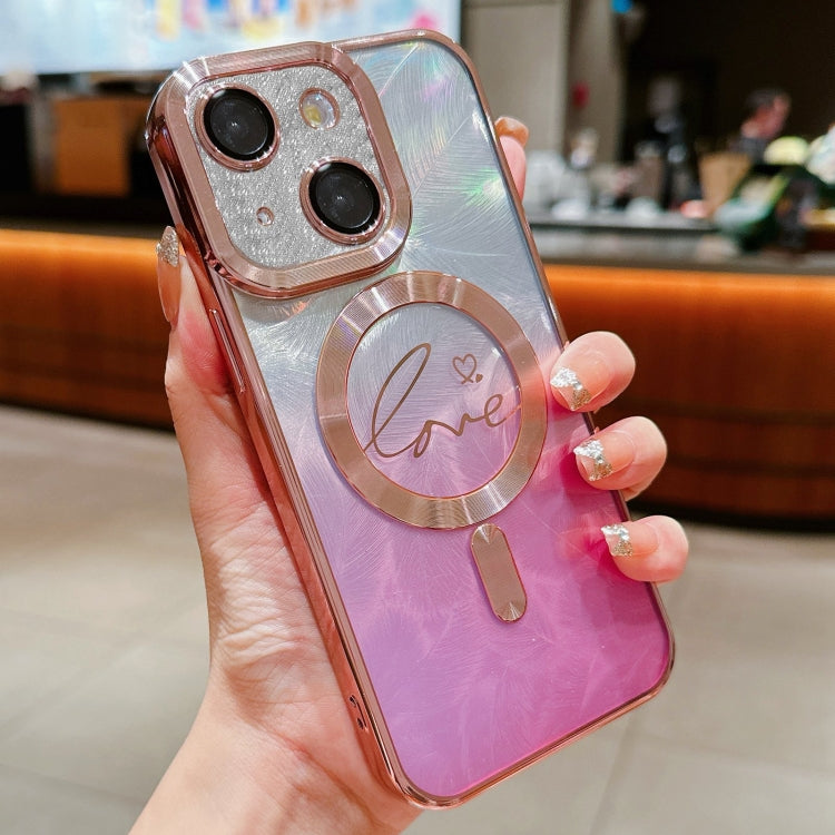For iPhone 14 Dual-Love Feather Gradient Glitter Magsafe TPU Phone Case
