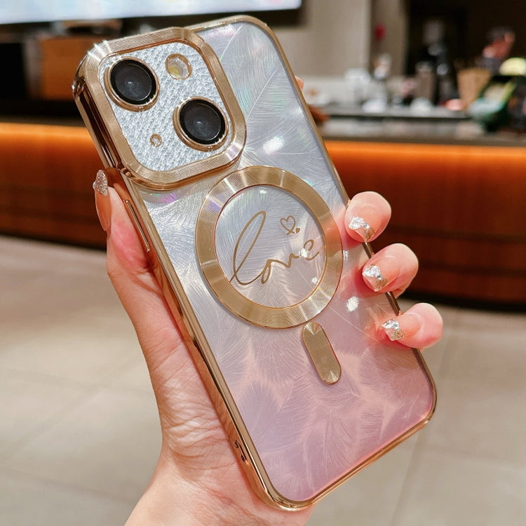 For iPhone 13 Dual-Love Feather Gradient Glitter Magsafe TPU Phone Case