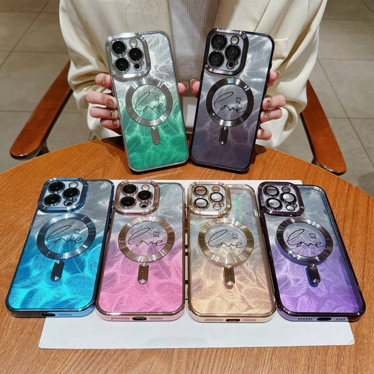 For iPhone 15 Plus Dual-Love Feather Gradient Glitter Magsafe TPU Phone Case