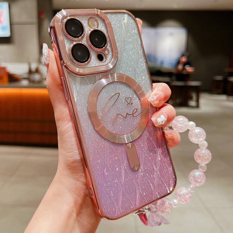 For iPhone 15 Pro Max Dual-Love Leaves Gradient Glitter Bracelets Magsafe TPU Phone Case