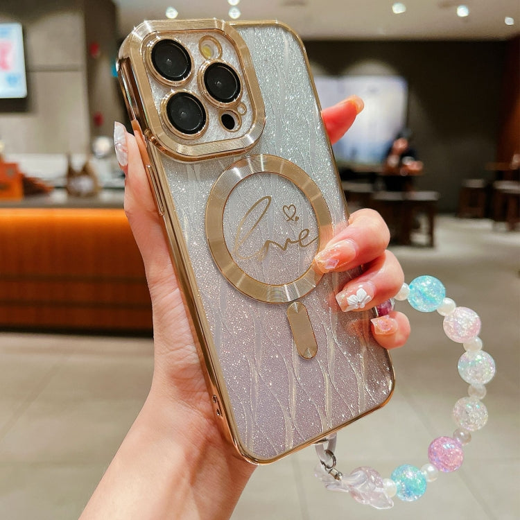 For iPhone 15 Pro Max Dual-Love Leaves Gradient Glitter Bracelets Magsafe TPU Phone Case