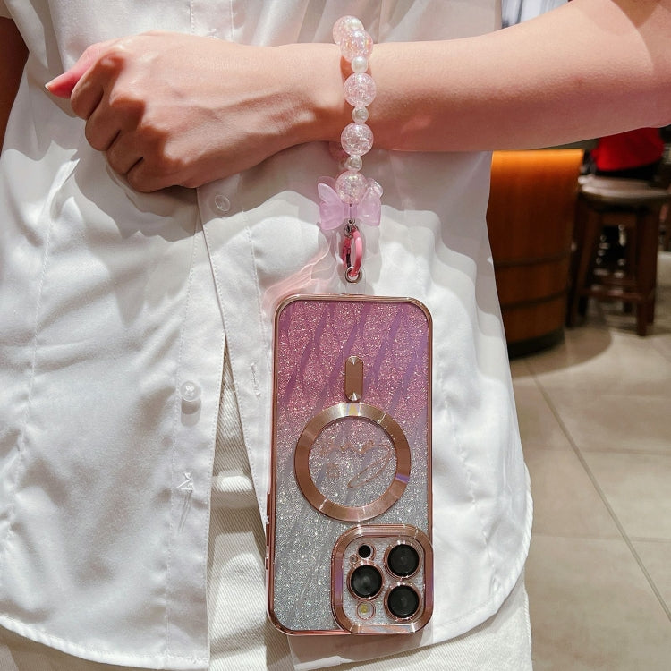 For iPhone 15 Dual-Love Leaves Gradient Glitter Bracelets Magsafe TPU Phone Case
