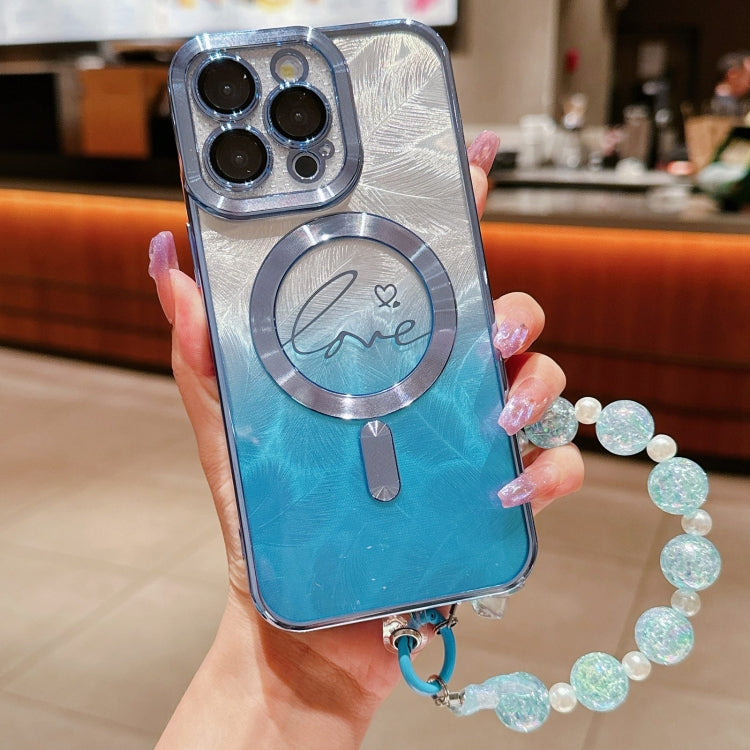 For iPhone 15 Pro Max Dual-Love Feather  Gradient Glitter Bracelets Magsafe TPU Phone Case