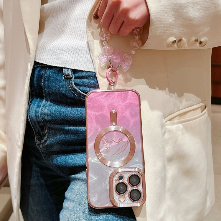 For iPhone 16 Pro Max Dual-Love Feather  Gradient Glitter Bracelets Magsafe TPU Phone Case