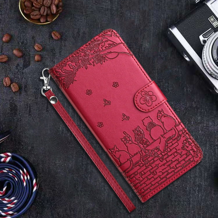 For Samsung Galaxy S24 FE 5G Cat Embossing Pattern Leather Phone Case with Lanyard