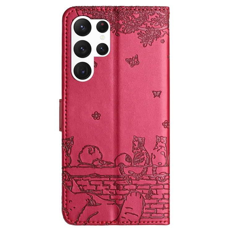 For Samsung Galaxy S25 Ultra 5G Cat Embossing Pattern Leather Phone Case with Lanyard