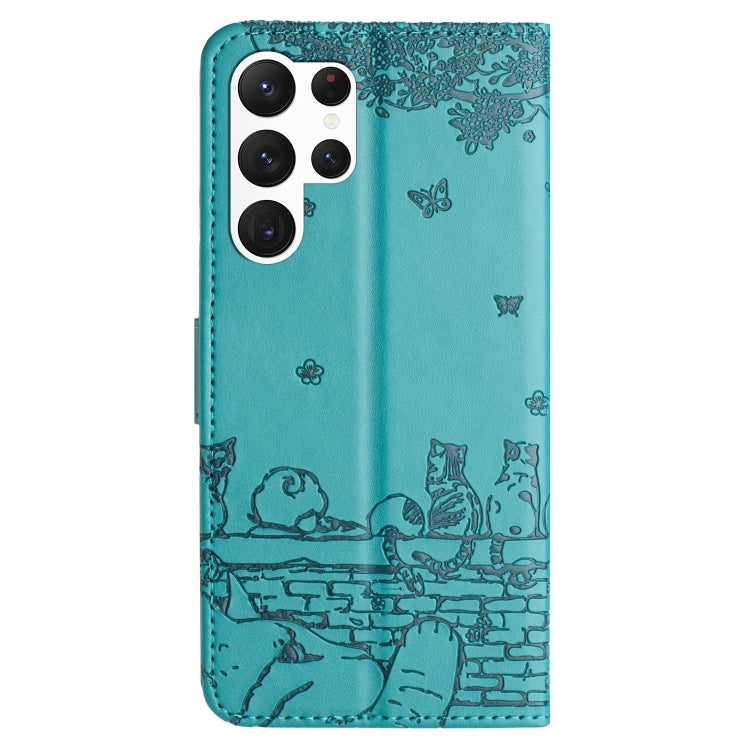For Samsung Galaxy S25 Ultra 5G Cat Embossing Pattern Leather Phone Case with Lanyard