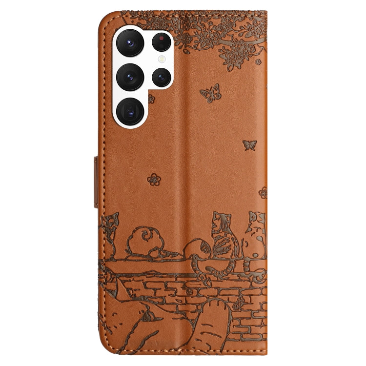 For Samsung Galaxy S25 Ultra 5G Cat Embossing Pattern Leather Phone Case with Lanyard