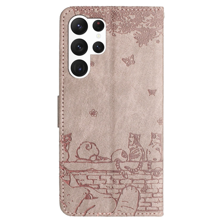For Samsung Galaxy S25 Ultra 5G Cat Embossing Pattern Leather Phone Case with Lanyard