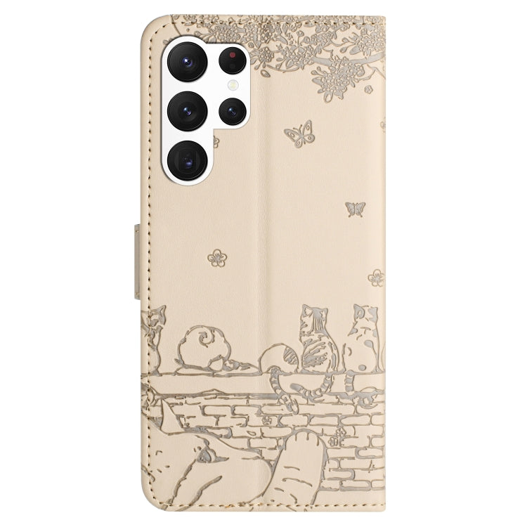 For Samsung Galaxy S25 Ultra 5G Cat Embossing Pattern Leather Phone Case with Lanyard