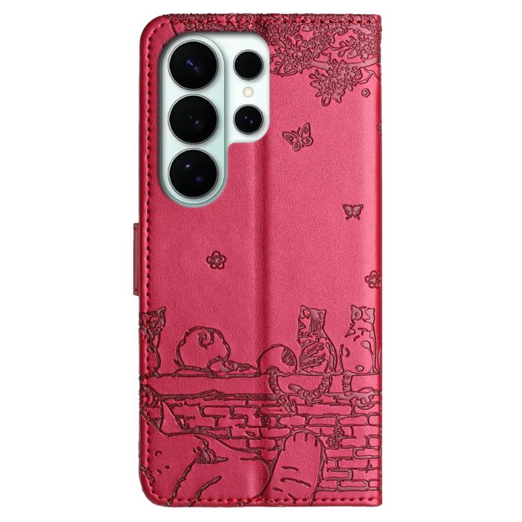For Samsung Galaxy S26 Ultra 5G Cat Embossing Pattern Leather Phone Case with Lanyard