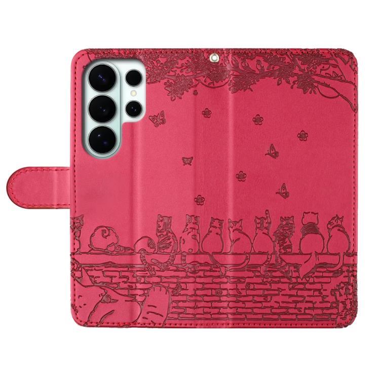 For Samsung Galaxy S26 Ultra 5G Cat Embossing Pattern Leather Phone Case with Lanyard