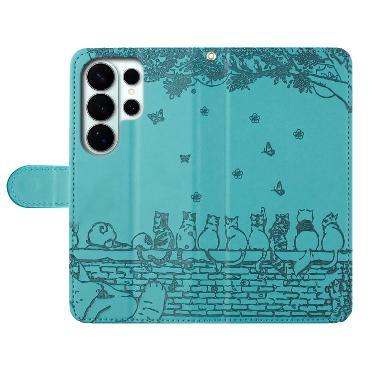 For Samsung Galaxy S26 Ultra 5G Cat Embossing Pattern Leather Phone Case with Lanyard