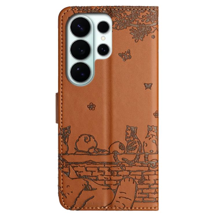 For Samsung Galaxy S26 Ultra 5G Cat Embossing Pattern Leather Phone Case with Lanyard