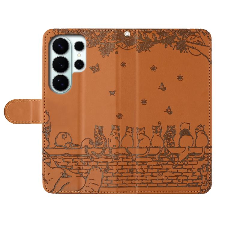 For Samsung Galaxy S26 Ultra 5G Cat Embossing Pattern Leather Phone Case with Lanyard