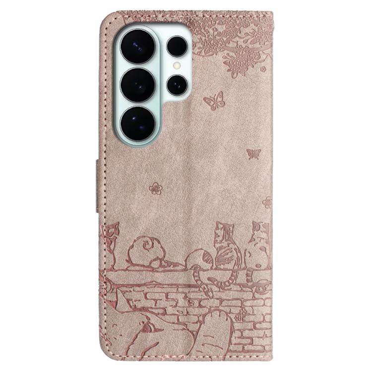 For Samsung Galaxy S26 Ultra 5G Cat Embossing Pattern Leather Phone Case with Lanyard